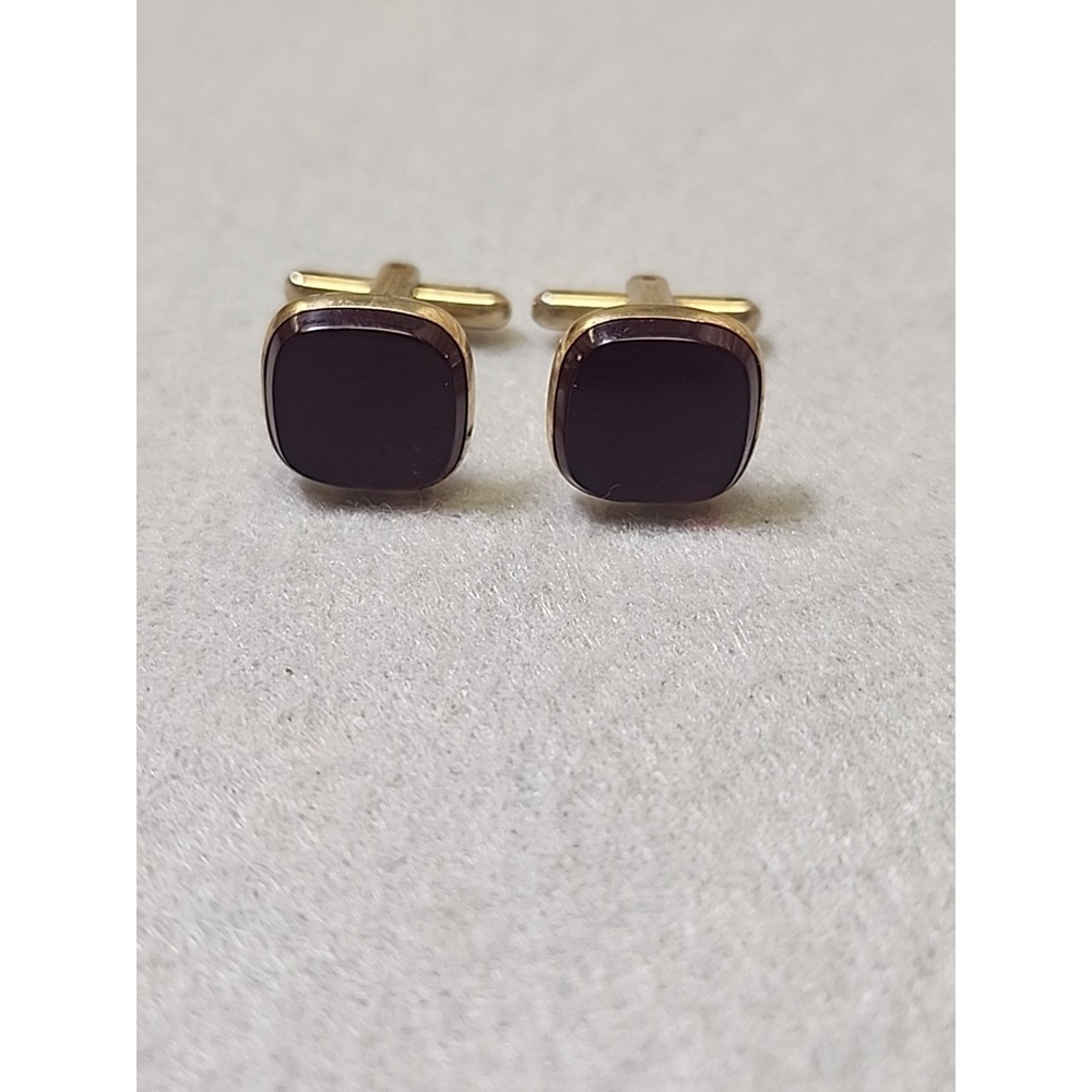 Vintage Hickok Gold Tone Men's Cufflinks Square Dark Red Burgundy Enamel